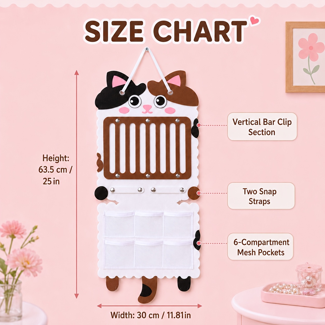 TEMU 1pc Cute Calico Cat Hanging Hair Accessories Fashion Glasses Organizer, Hanging Hairclips Fashion Glasses Storage Organizer With 6 Compartment