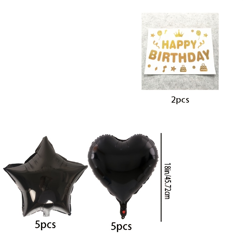 Image of 12pcs Black Heart And Aluminum Film Balloon Set - 5 18-inch Black Hearts And 5 Five-pointed Stars Each, 2 Birthday Stickers, Perfect For Birthday Party Decoration