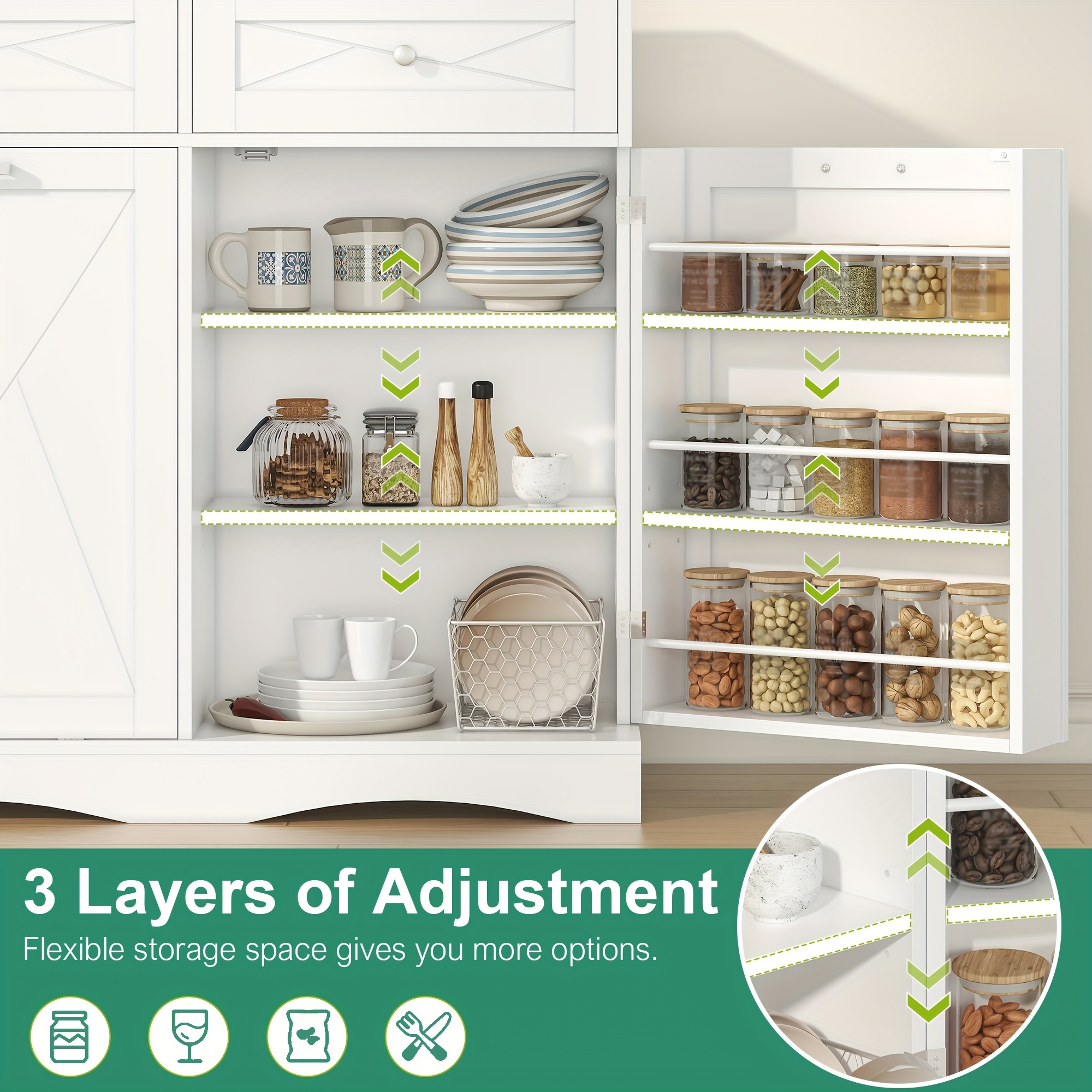 Wood Kitchen Pantry Island with Tilt-Out Trash Cabinet & Laundry Hamper - Adjustable Shelf Suitable for for, Suitable for Small Spaces, Hidden with Drawers, Tilt-Out Basket System, Space-Saving