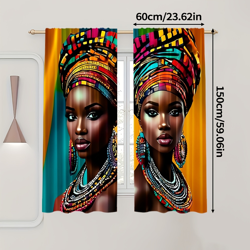 TEMU 2pcs, Decorate The Curtains, Retro African Tribal Women Yellow Painting, Polyester, For Living Room, Kitchen, Office, Bedroom, Home Decoration,