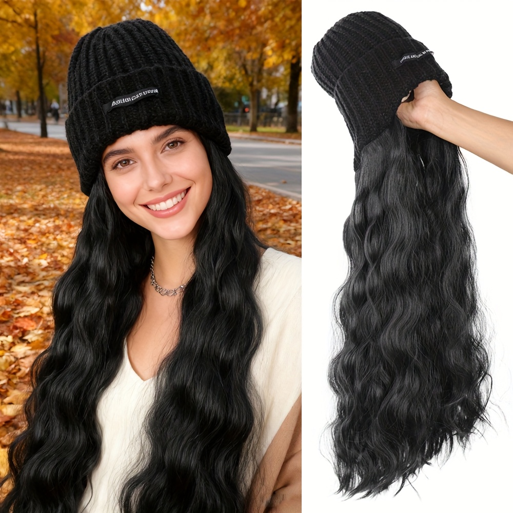 TEMU Women's Long Curly Wave Synthetic Wig With Black Elastic Knitted - High Temperature Fiber, Density, Look For Daily Wear In Autumn And Winter -
