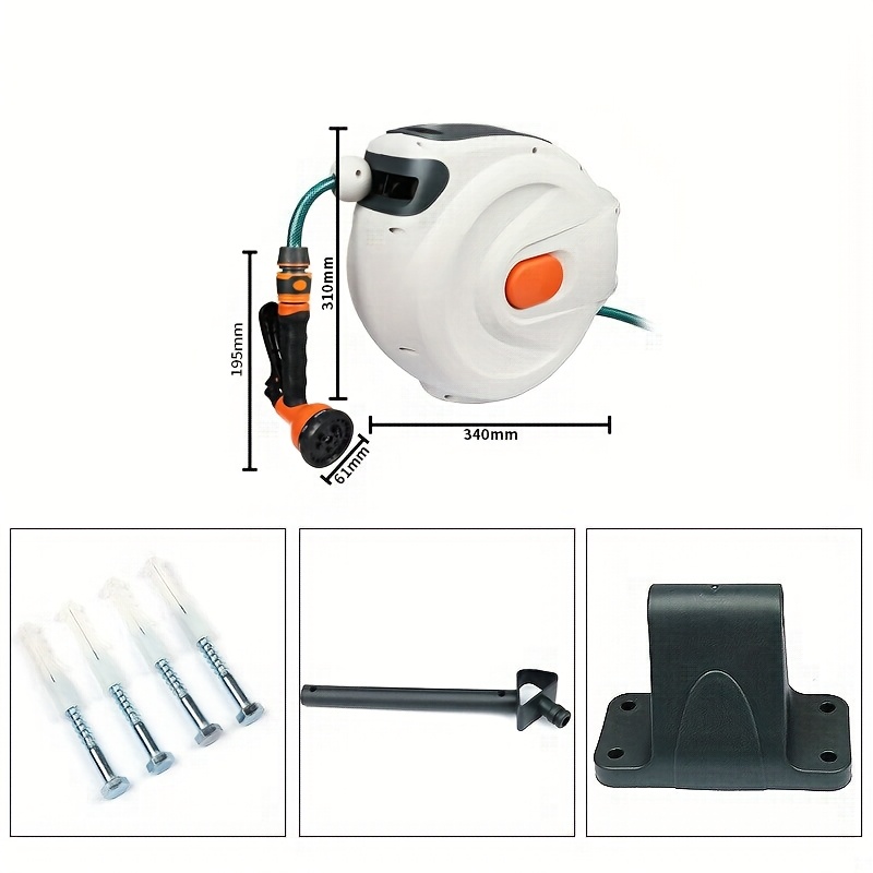 automatic retractable hose reels measuring 65ft 100ft and 33ft designed for wall mounting featuring a length lock 180 rotation slow   and   for lawn and garden maintenance including water drums and sprinklers