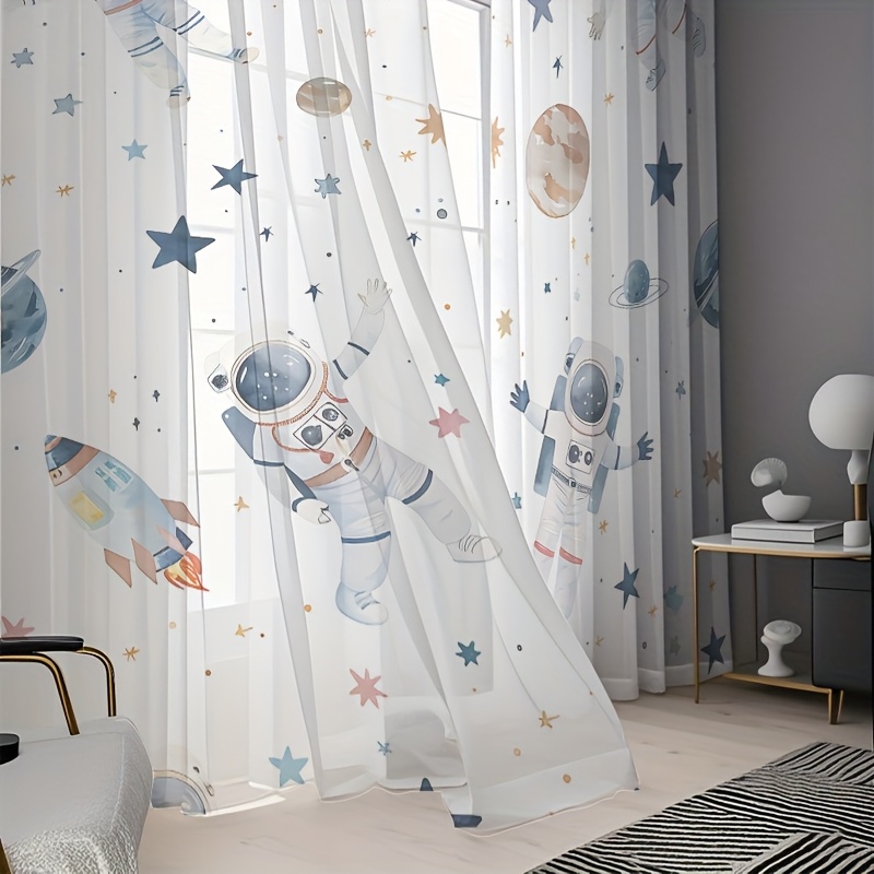 E-shop 2 Stück Halbtransparente Vorhänge, Traumhafte Sternenhimmel-Astronauten-Motive, Verspieltes Cartoon-Design für Schlafzimmer, Wohnzimmer, Küche,