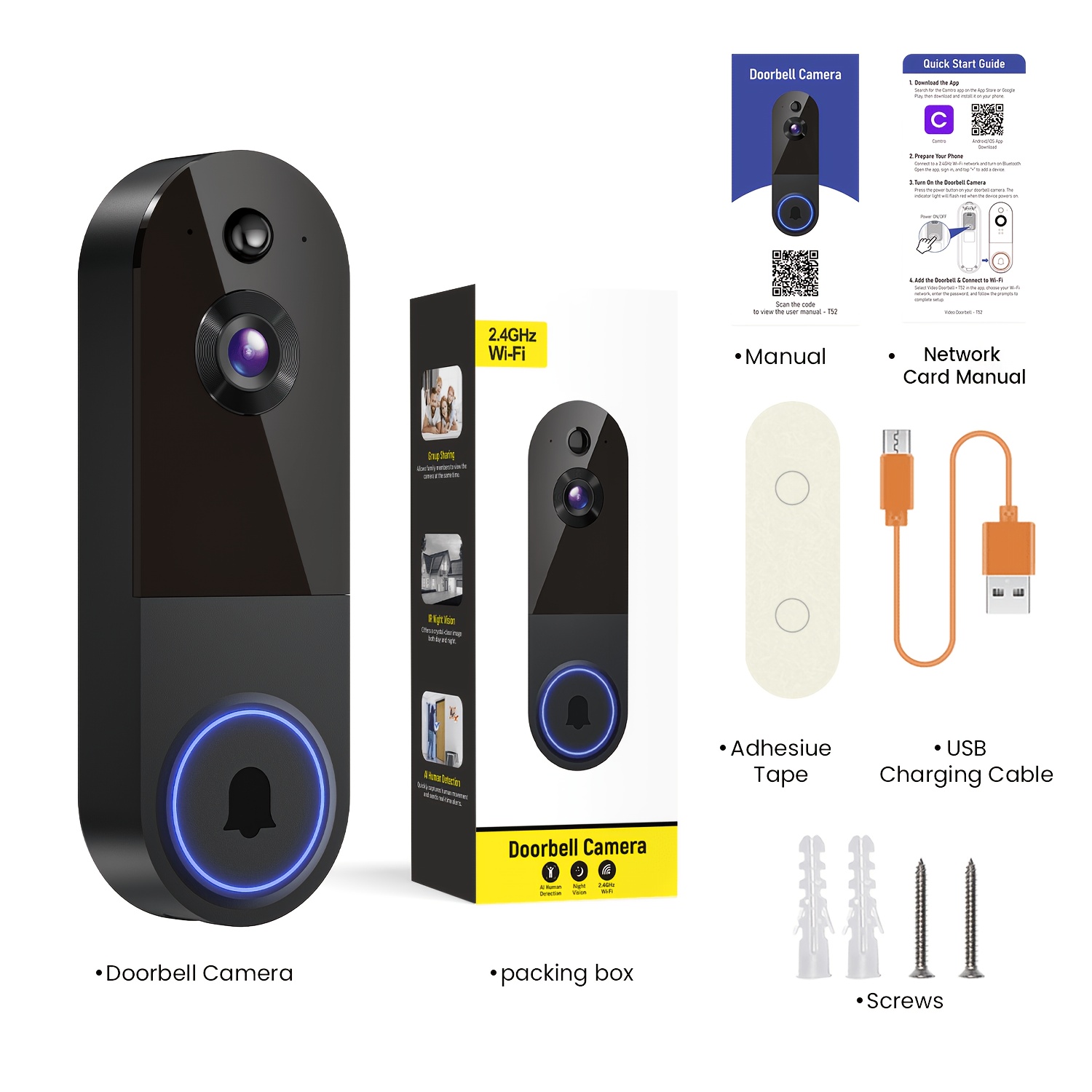 TEMU 1pc/2pcs/ Wireless Doorbell Security Camera, 166° Panoramic View, Automatic Tracking Of People And Vehicles, 1080p Night Vision Automatic