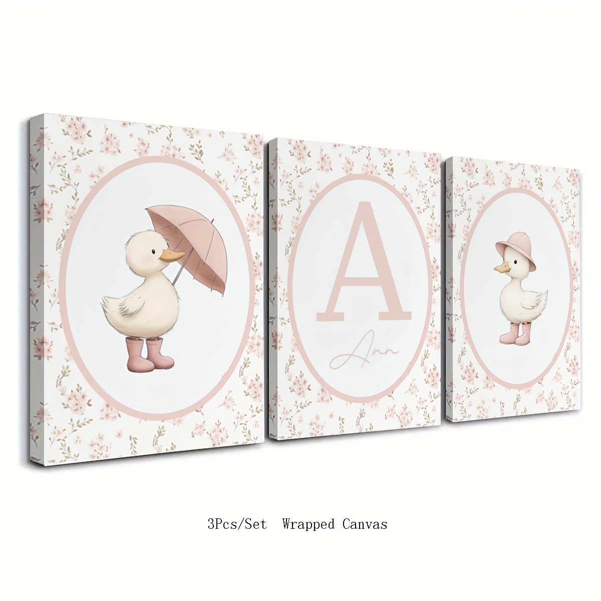 TEMU 2d Flat, 2d Flat, [2d Flat] Unframed 3pcs/set Customized Canvas Posters, Cute Duck, Pink Floral Girl Nursery Decor Prints, Printable Art Posters