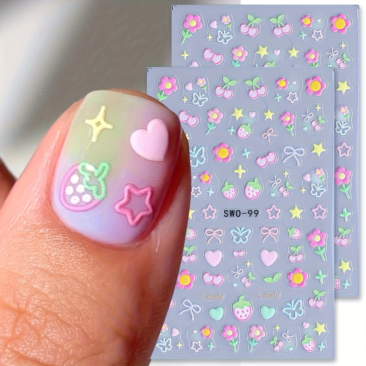 2 sheets 5d embossed summer macaroon nail stickers self     cherry strawberry heart designs vibrant colors for womens diy manicure decoration cute nails   nail art glossy   nails