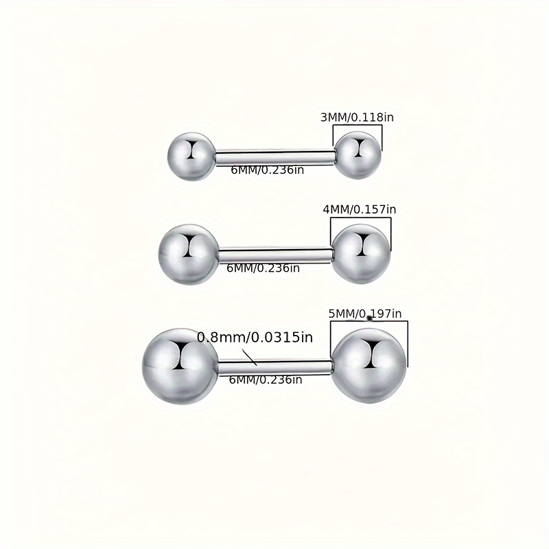 3 Pair Set Stainless Steel Barbell Stud Earrings, Unisex