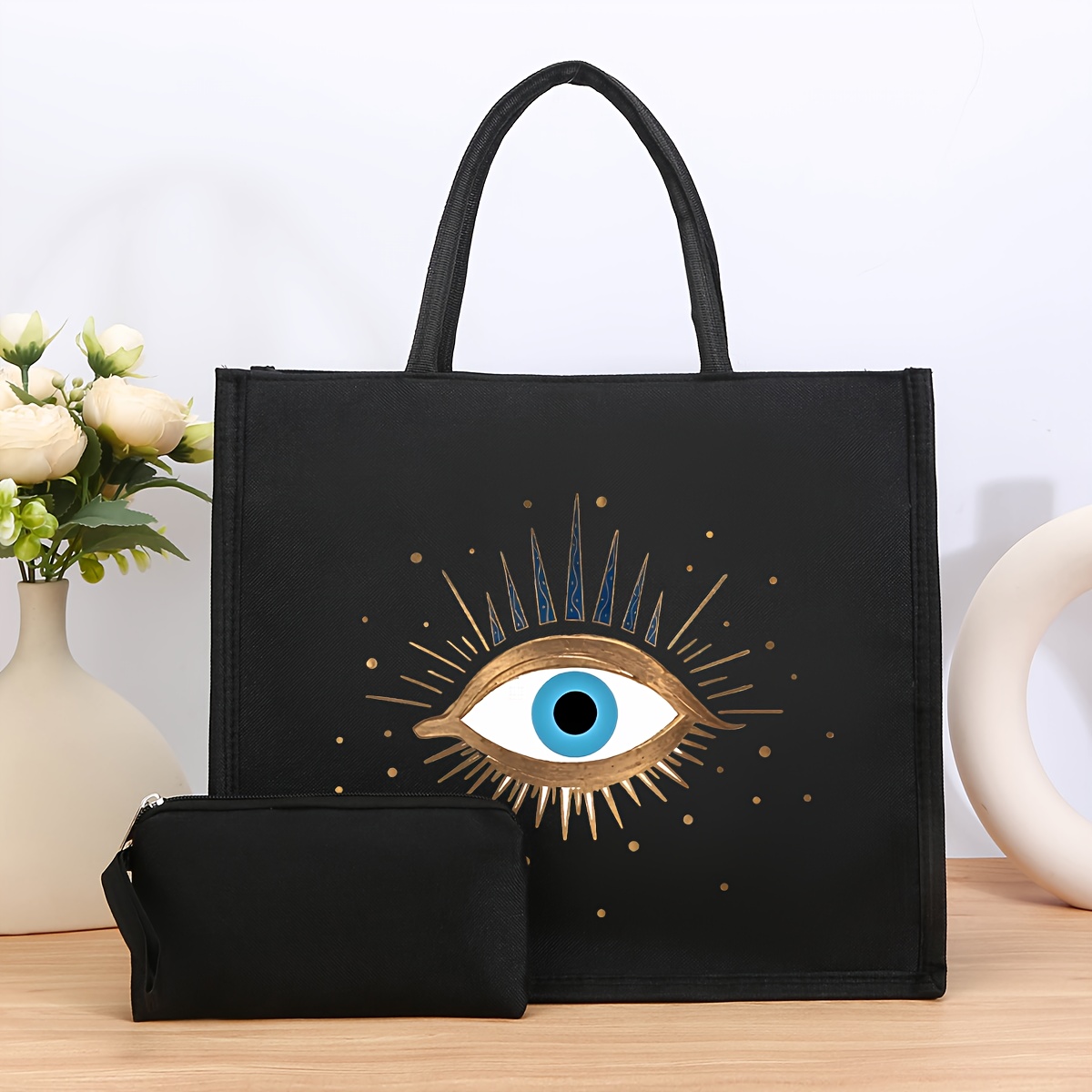 

Black Tote Handbag Set With Eye Print - 2pc Fashion Shoulder Bag With Pouch, , Polyester Lined, Fabric Material, Machine Washable, Closure For Shopping, Beach, Vacation