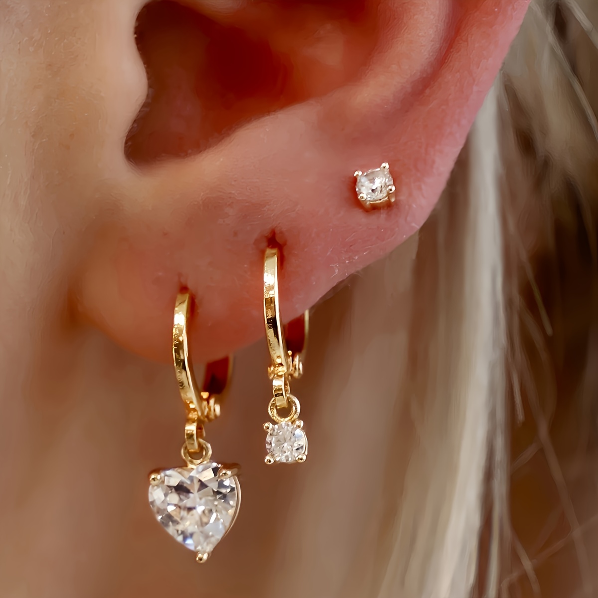 TEMU 6pcs Simple And Elegant Heart-shaped Cubic Synthetic Zirconia Copper Earring Set For Women, Vacation, Dating Gift, Daily Party Accessory