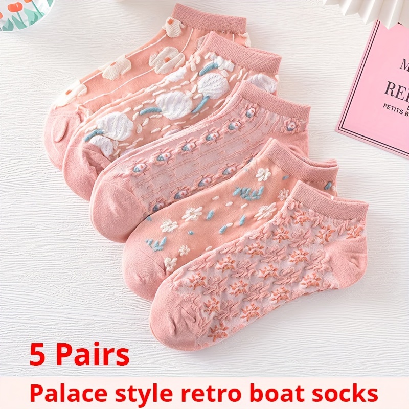 

5 Paires de Chaussettes Courtes Roses pour Femmes - Motif Floral Évidé, Chaussettes Bateau Rétro Mignonnes, Polyester 95%, Spandex 5%, Tissu Tricoté, Lavable en Machine