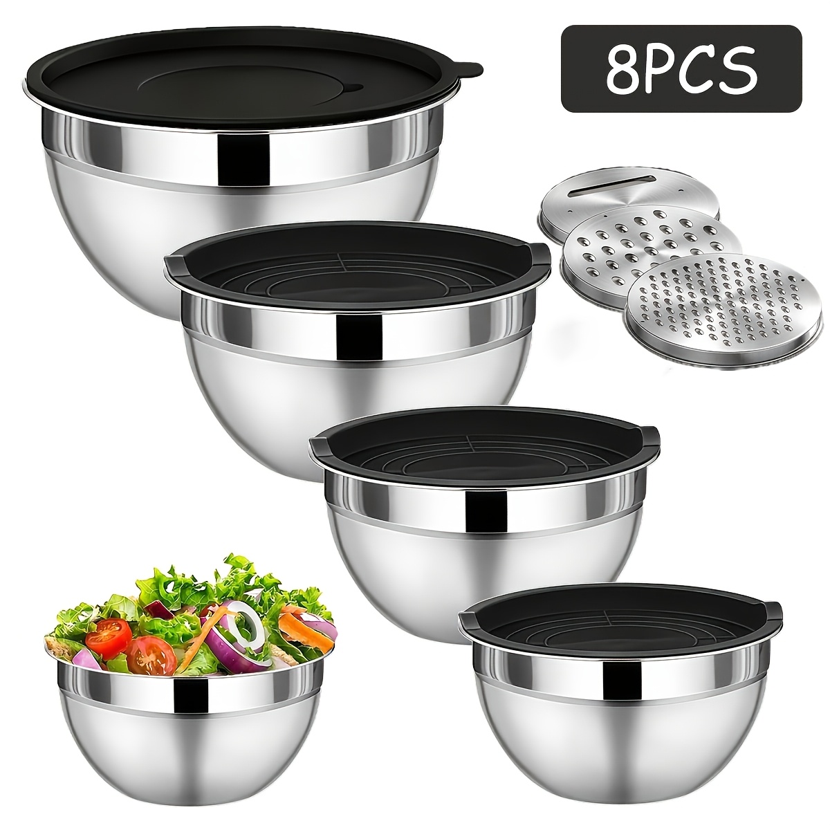 Image of 8pcs Stainless Steel Mixing Bowl Set With Lids, Grating Accessories, Nesting Bowls For Salad Prep, Non-slip Base, For Kitchen, Baking, And Cooking Use