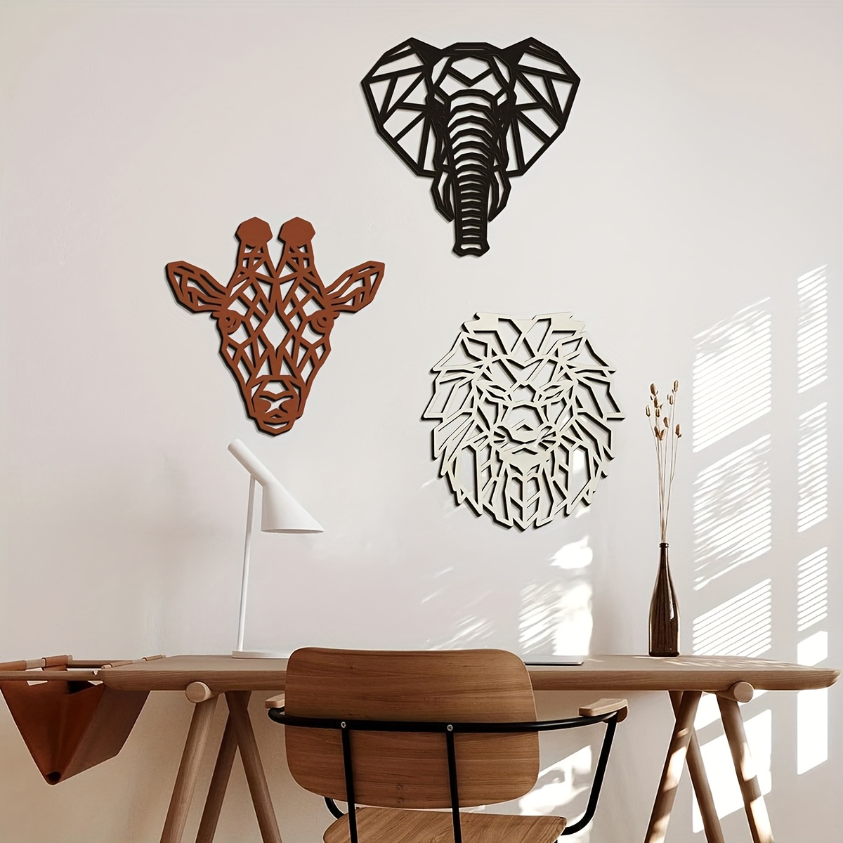 

3pcs Modern Wall Decor Set - Wooden Lion, Elephant & Giraffe Abstract Art For Nursery, Bedroom, Living Room & Porch, Animal Head, Hunting,