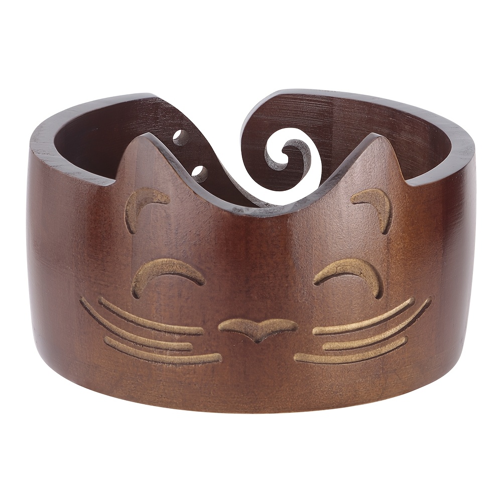 TEMU Bol à laine en bois de chat, un outil pour ranger le fil à tricoter et au crochet, organisateur en bois artisanal avec trous sculptés pour le