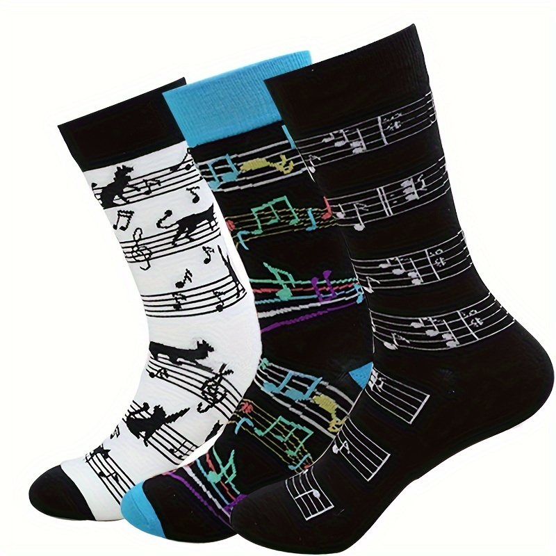 

3 Pairs Music Print Crew Socks, Novelty Street Style Mid Tube Socks, Women's Stockings & Hosiery