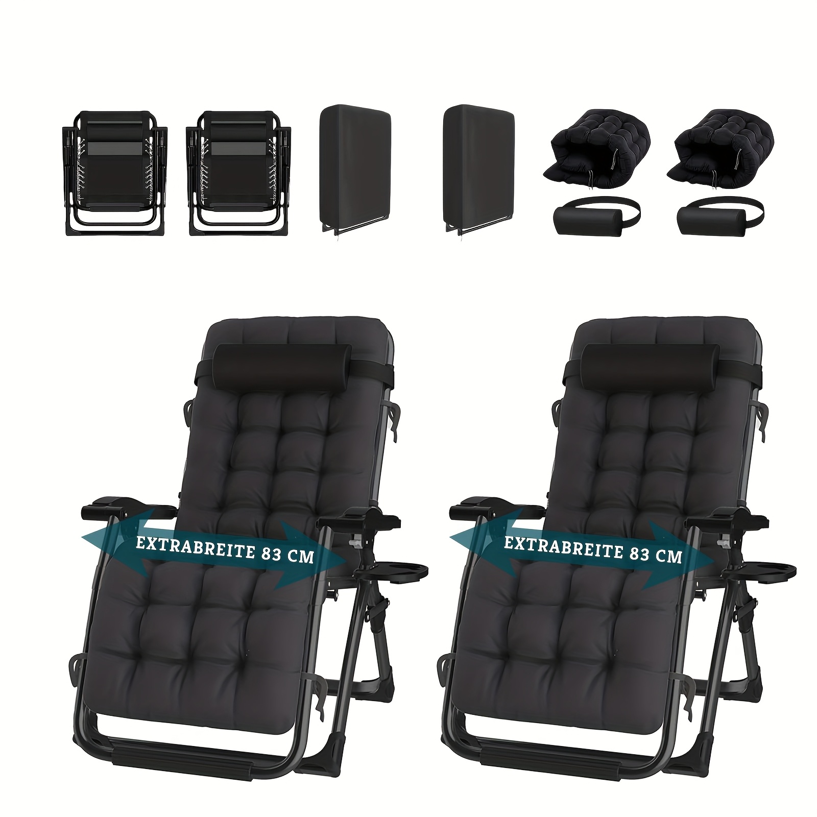 E-shop 2er-Set extra große Schwerkraftfreie Sonnenliege, 83 cm breit, verstellbar, 200 kg Tragkraft, mit Aufbewahrungstasche, abnehmbarem weichem