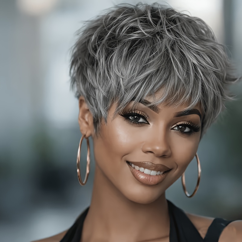 6 Inch Natural Grey Human Hair Wig | Glueless Short Cut With Bangs, Suitable For Daily Wear, Cosplay, Parties & Music Festivals | , Straight Hair Wig For & Hair Types, Real Human Hair, Brand: