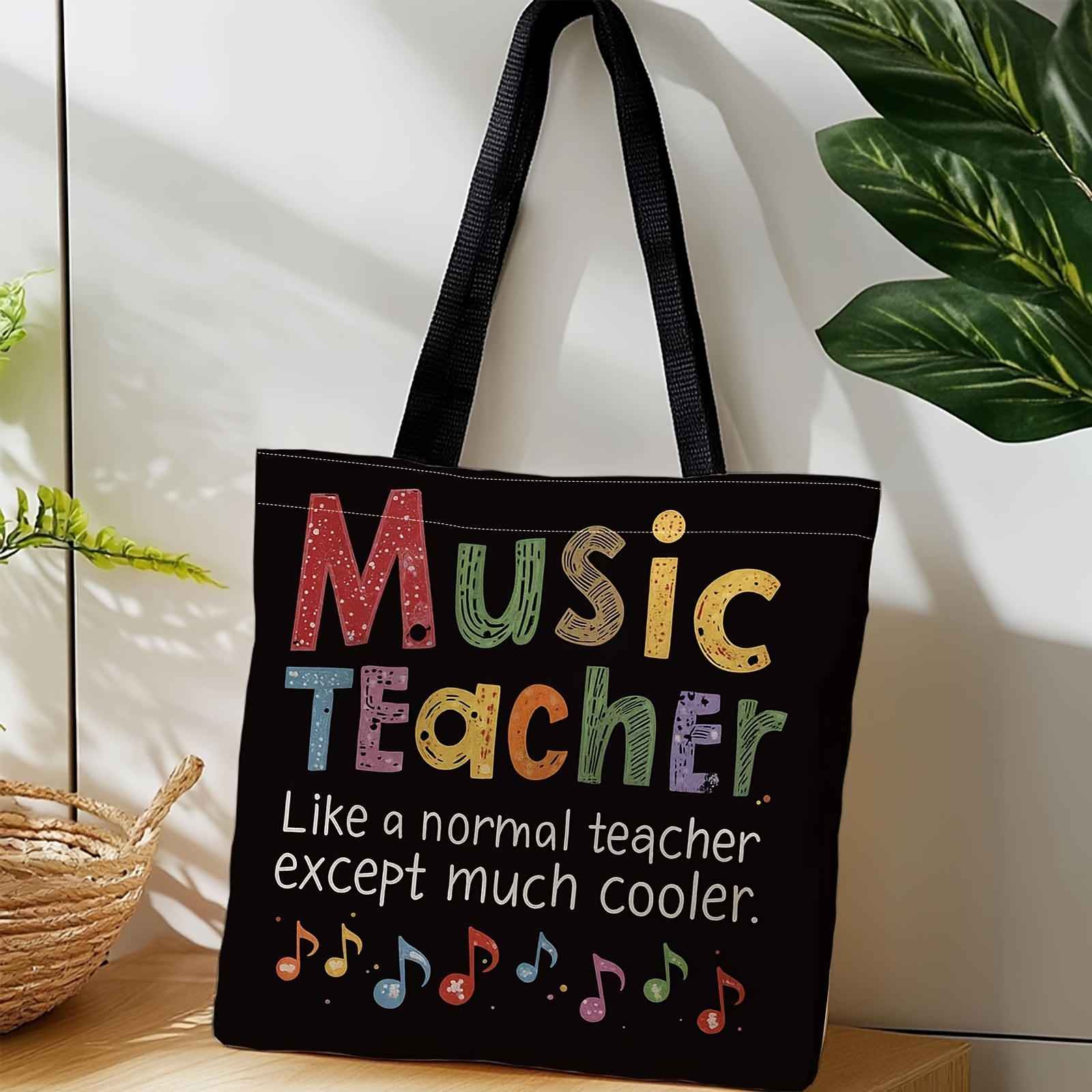TEMU 1pc A Shopping Bag, A Portable Shoulder Bag Made Of, Designed For Music Teachers, Featuring Colorful Text And Musical Notes. Ideal For Travel,