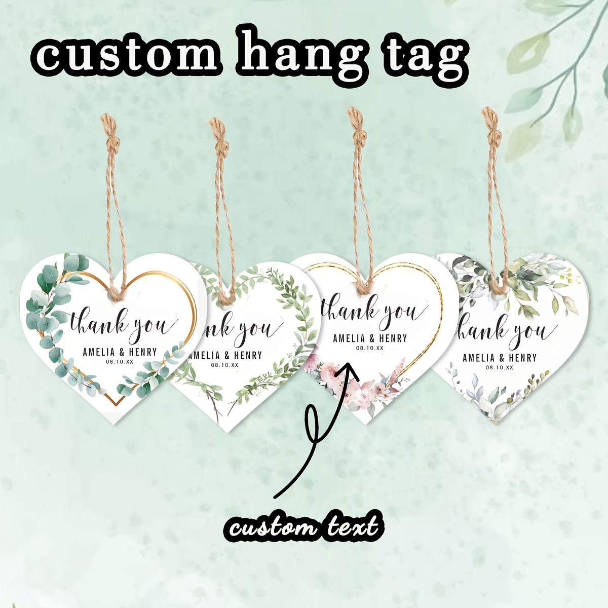 TEMU 100 Etichette Personalizzate con Testo di Fiori di Piante e Numero con Spago di Iuta, Adatte per Etichette di Matrimonio, Sposa, , Battesimo del