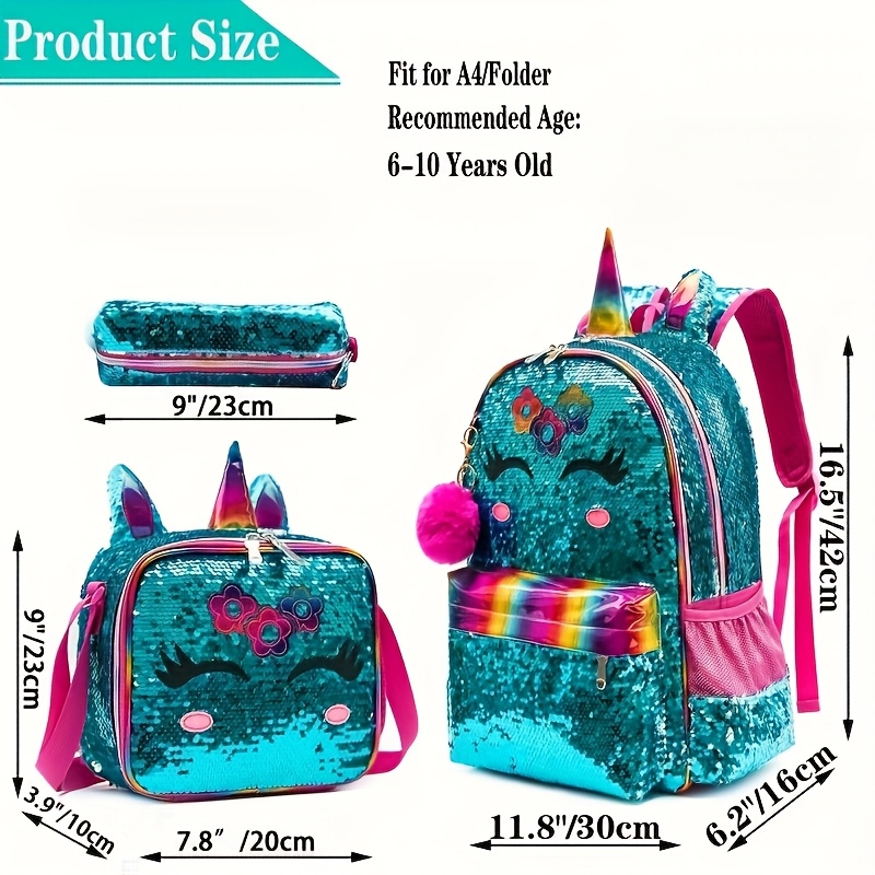 girls sequin unicorn backpack set 3pcs polyester school bag Temu