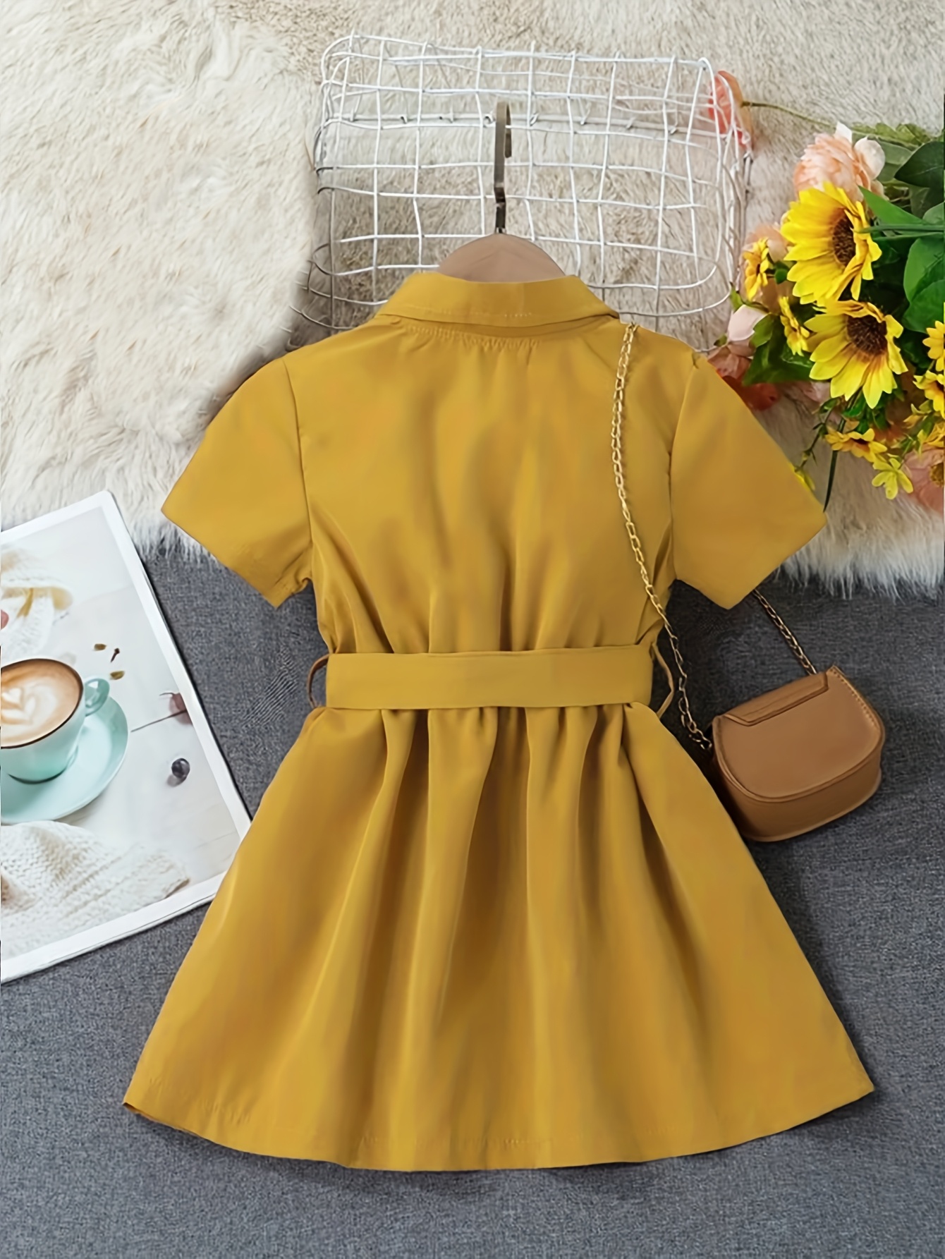 yellow dress with brown belt Yellow Stripe Sleeveless Dress With Brown Belt