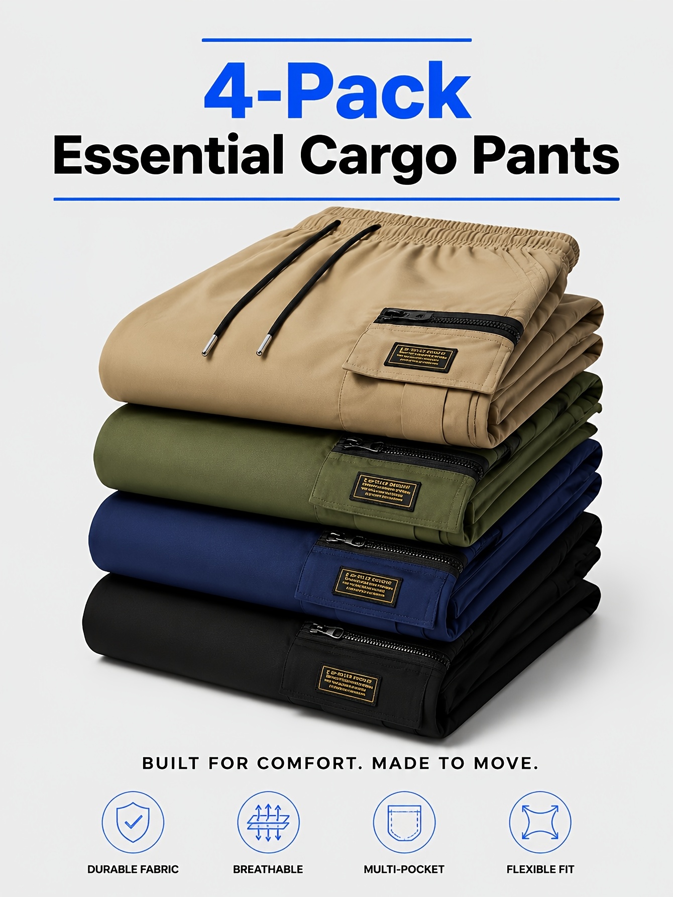 item picture 4pcs mens cargo long pants multi pocket loose straight leg elastic drawstring waist workwear outdoor holiday gift thanksgiving christmas black friday