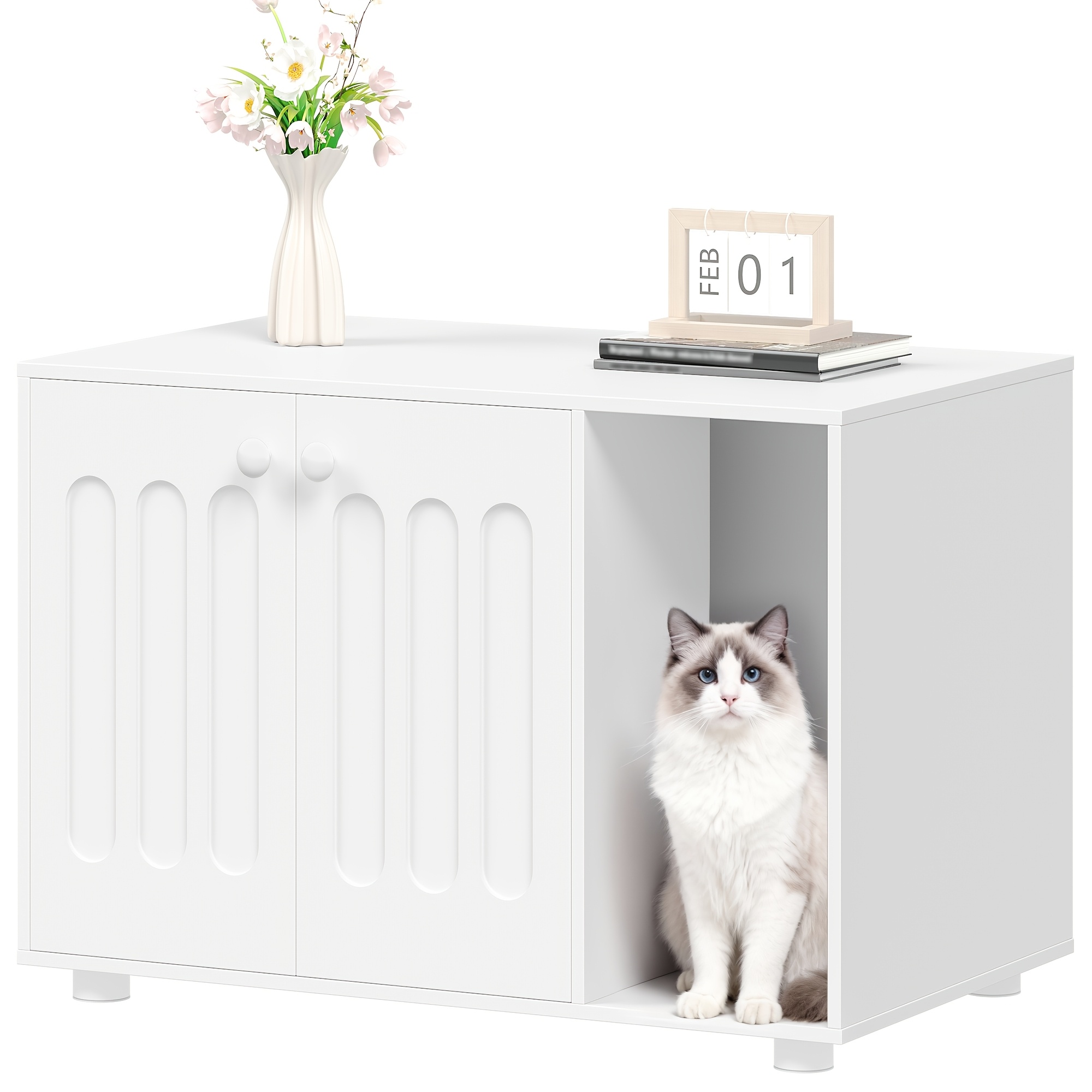 Image of Cat Storage Unit, 80 X 48 X 51 Cm, Feline Shelter Featuring A Door And Separate Partition, Contemporary Style, Durable Cat Cabinet With Legs