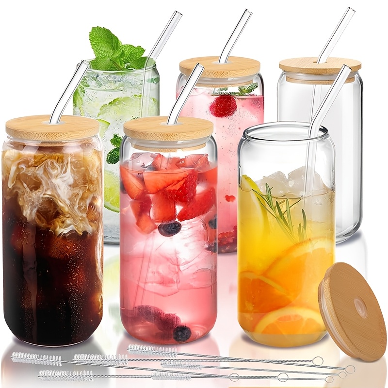 6 pack 550ml 18 6oz glass cups 6 bamboo lids 6 straws mason - Temu