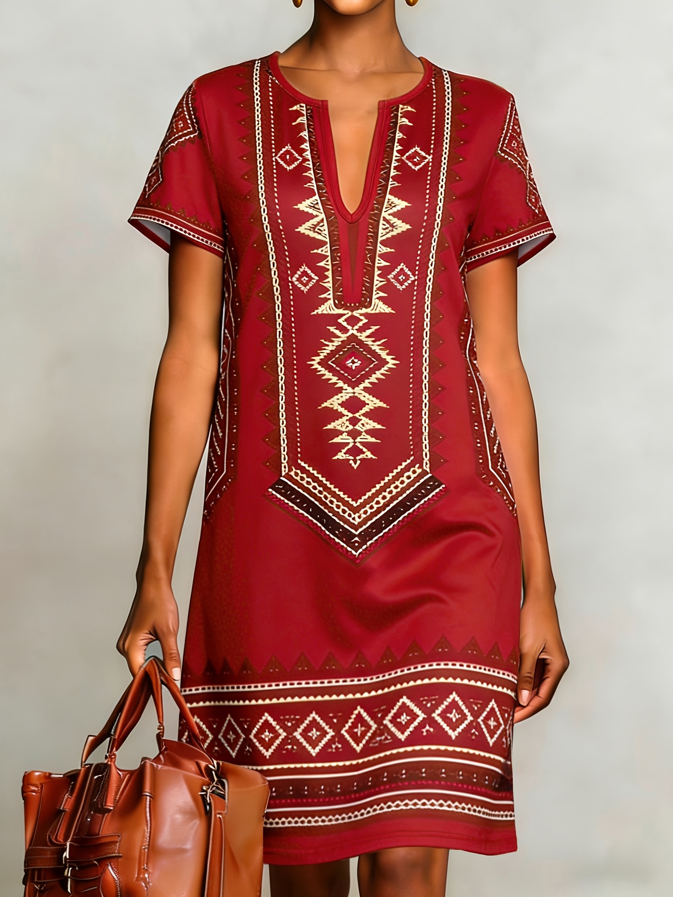 2026 Ethnic Print Dress Retro Ethnic Geometric * Print Mini Dress V-Neck  Short-Sleeved Straight Dress Tribal Dress Workplace Commuting Daily Casual  Versatile * Elegant Women'S Dress