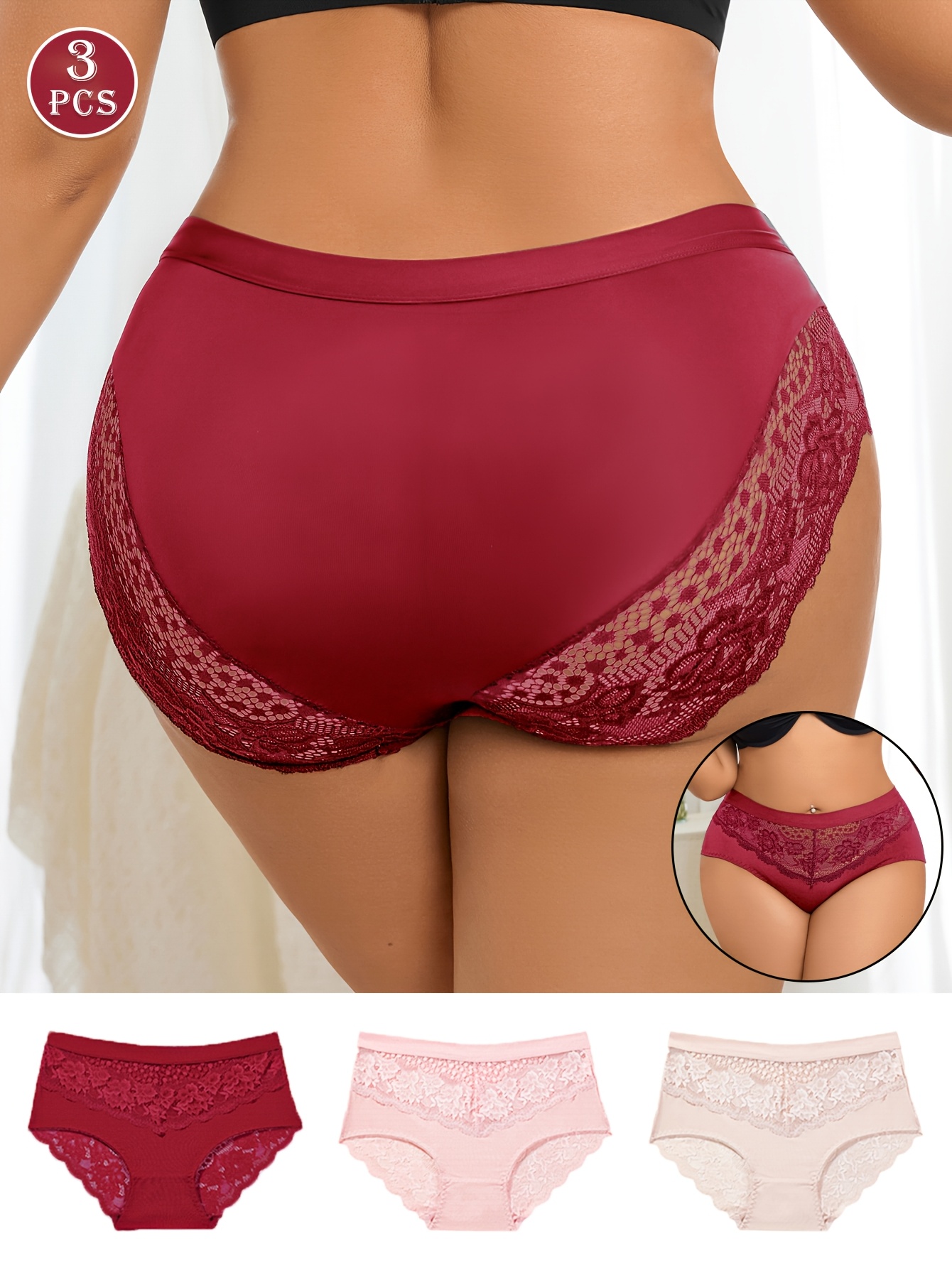 item picture set of 3 womens plus size solid color underwear with   contrast lace in   style for valentines day