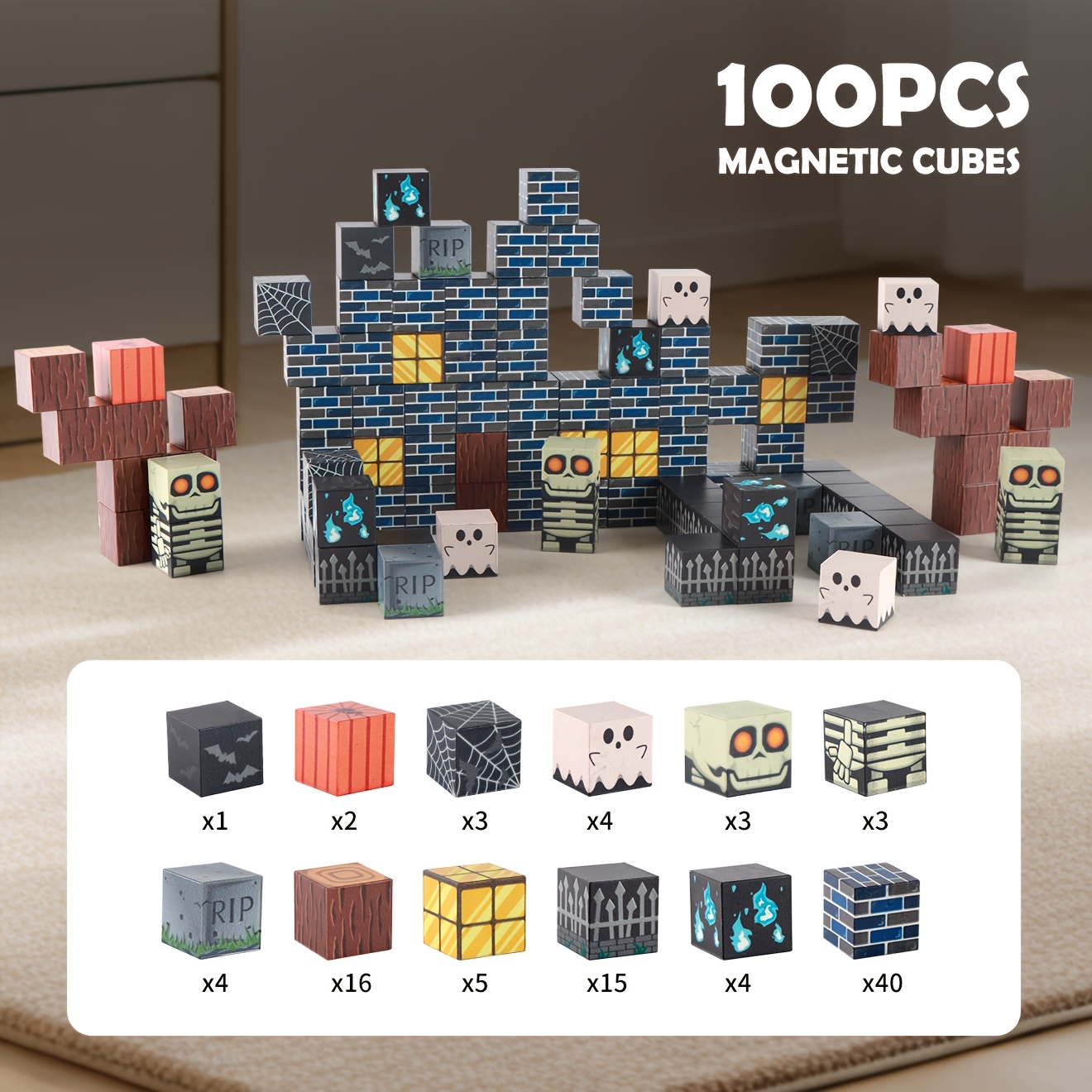 TEMU 100 cubes de construction magnétiques | de d'horreur d'Halloween | Thème de nuit et de chauve-souris | de mur de à | Cadeau de construction STEM