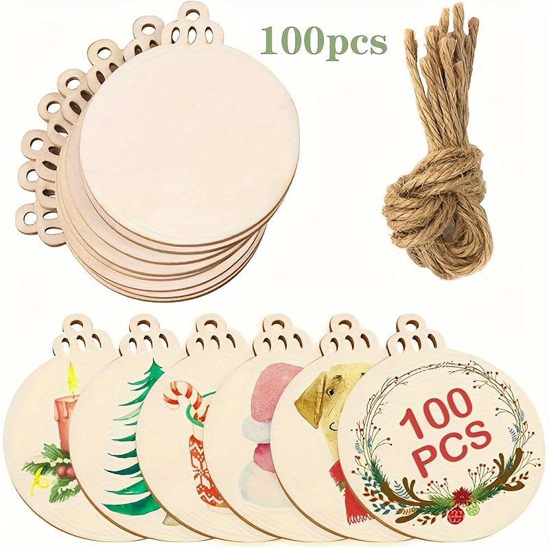 Image of 100pcs 3.5 Inch Synthetic Wood Slices, Wooden Christmas Ornaments, Unfinished Pre-drilled Wooden Rings, For Crafts, Centerpiece Decorations, Holiday Hanging Ornaments