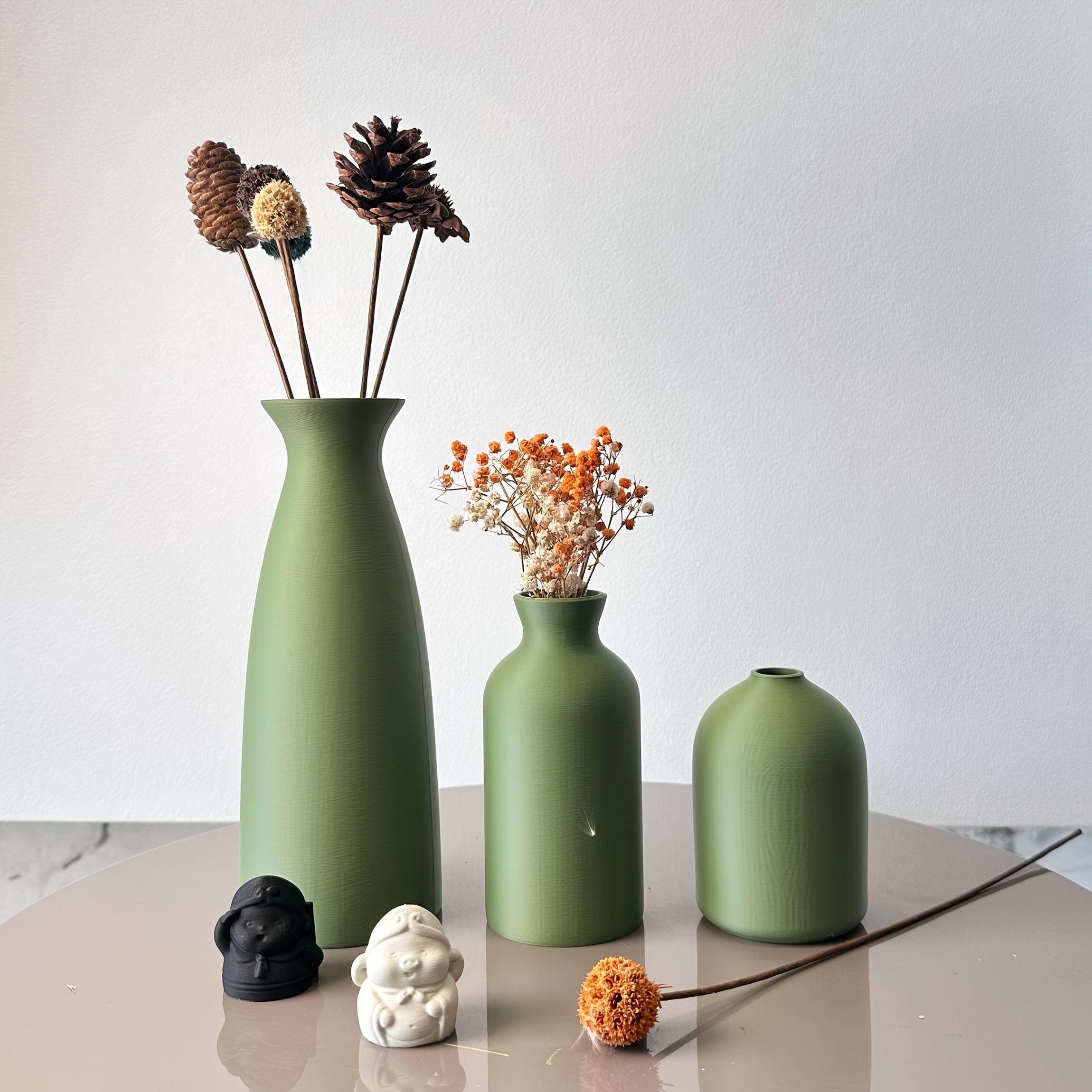 Lot de 3 Vases Décoratifs Art Matcha Vert, Vases à Fleurs Séchées avec Arrangement de Pierres Synthétiques, Idéal pour Décoration d'Intérieur, Entrée ou Bureau