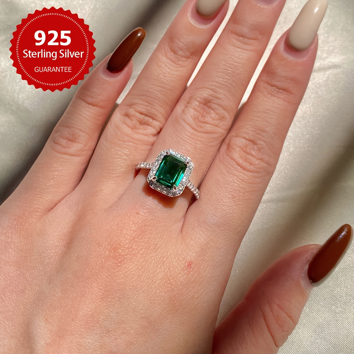 Vintage Green Zirconia Engagement Ring in S925 Silver
