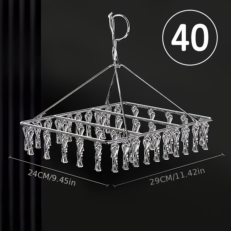 Image of Stainless Steel Laundry Drying Rack With Clips, Polished Metal Swivel Hook, Windproof Locking Design, Removable Clips, Durable Clothes& Socks Hanger- Indoor/outdoor Use, Drying Racks