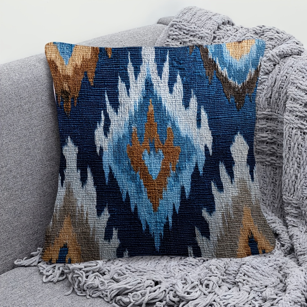 TEMU 1pc, Double-sided Short Plush Decorative Pillow Cover, Ikat In Earthy Blue Throw Pillow Cover, * , Suitable For Sofa, Living Room, Bedroom,