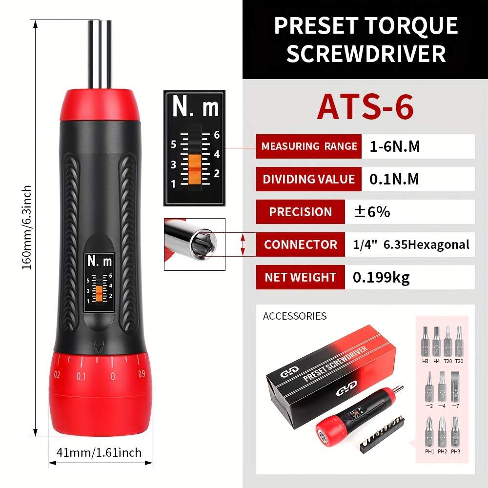 E-shop Einstellbarer Drehmomentschraubendreher 0.6/1.2/3/6 Nm Drehmomentschraubendreher-Bits Drehmomentschraubendreher 11-teiliges Set Einstellbarer