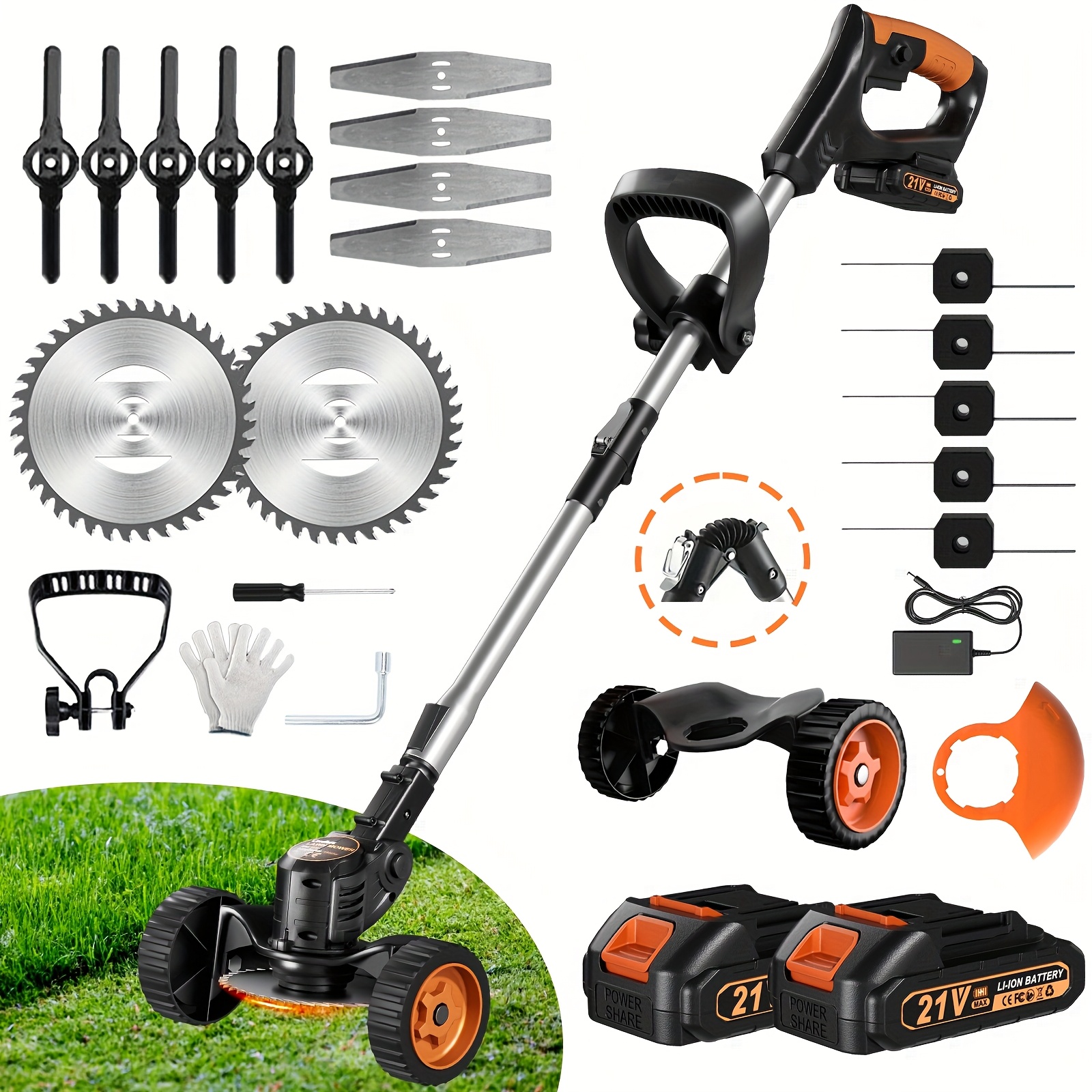TEMU Electric 21v Cordless Lightweight Edger Grass Trimmer/lawn Edger/mower/brush Cutter, Battery Powered With 3 Types Blades And Wheels For Yard And