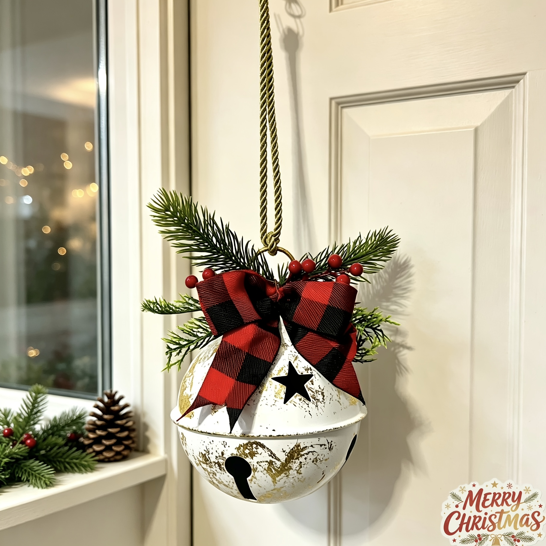 1pc Christmas Bell With Bow And Grass Door Hanger, Holiday Bell Decoration