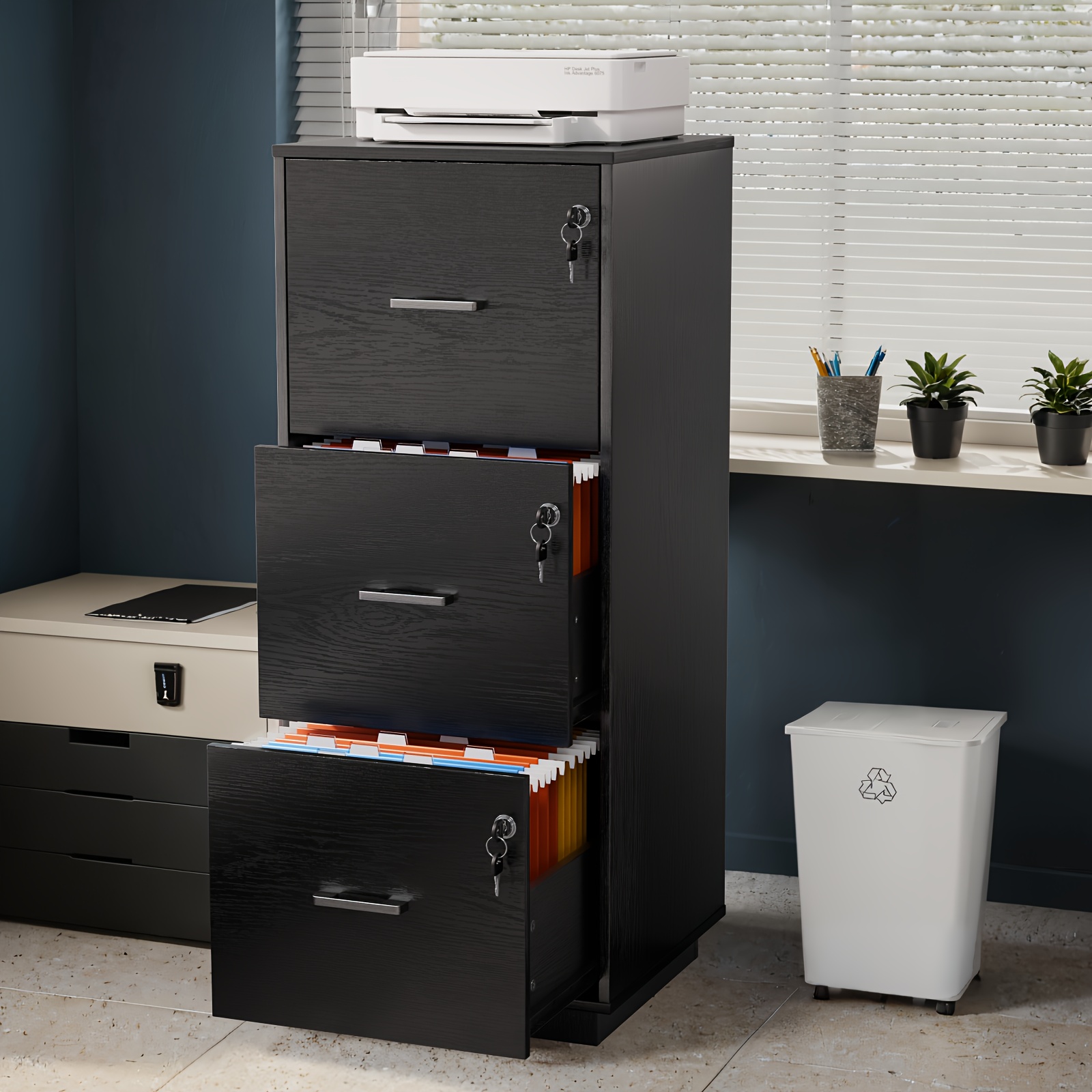 Bonnlo 3-Drawer Lockable File Cabinet - Wood Filling Organizer with 2 Drawers, 27