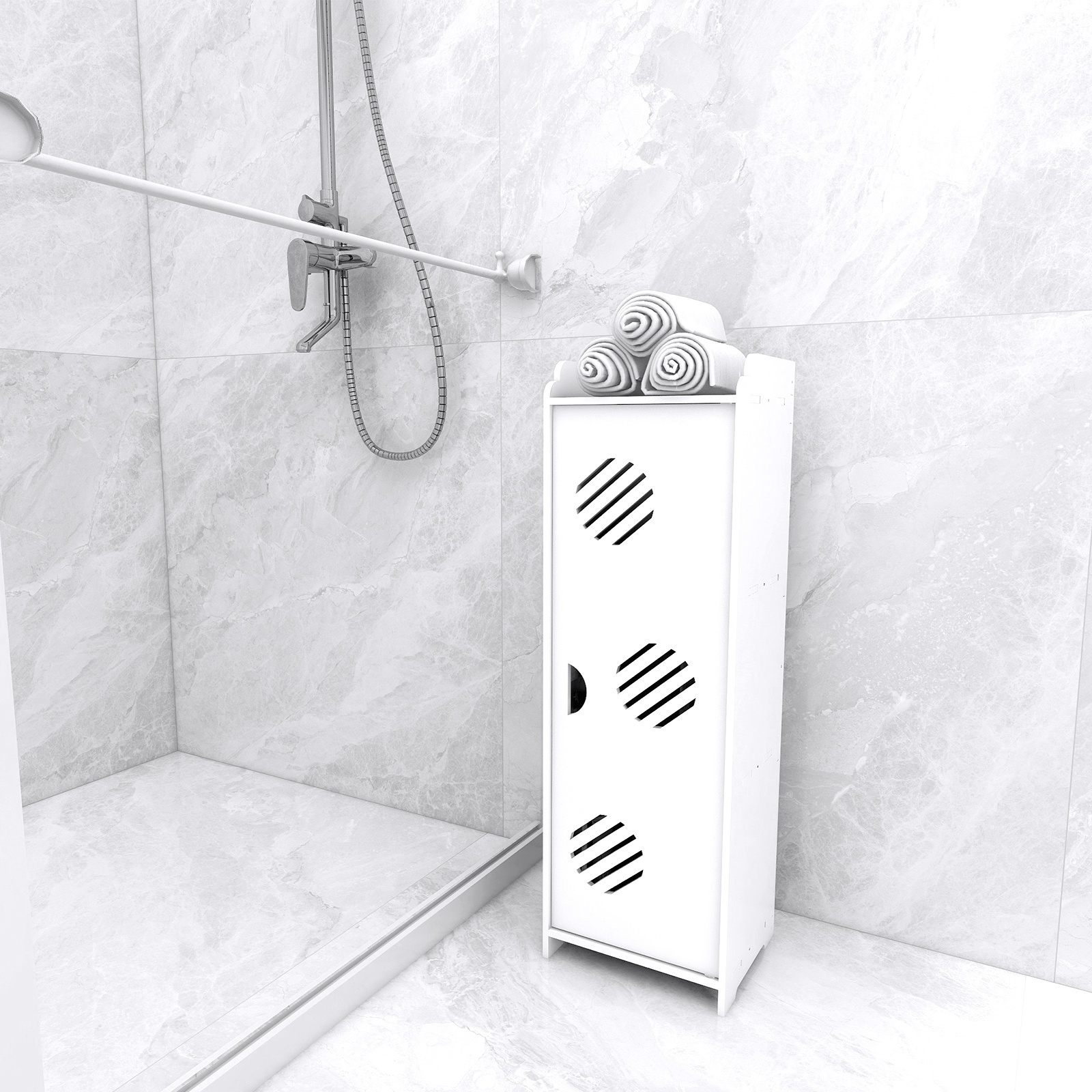 Image of Corner Toilet Paper Storage Cabinet, 75cm Freestanding Bathroom Organiser With Circle Pattern Surface For Shower Room, Changing Room And Hotel, Toilet Paper Storage Containers