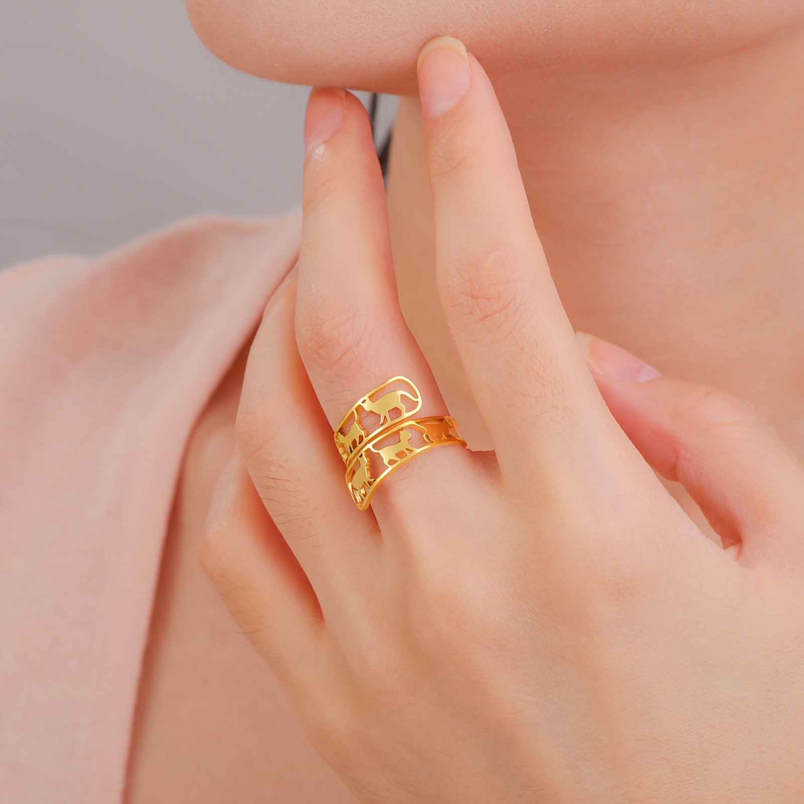 Cat Paw & Feline Minimalist Open Ring, Gift for Cat Lovers