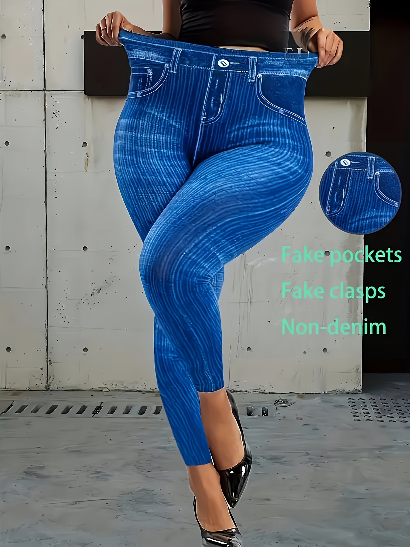 Plus Size Women's High-Waisted Tight-Fitting Leggings with All-Over Vertical Stripe Print - Stretchy Non-See-Through Fabric, Faux Pockets, Machine Washable for Year-Round Casual & Formal Wear, High Waisted Leggings, Formal Attire Leggings, Faux Pocket Design