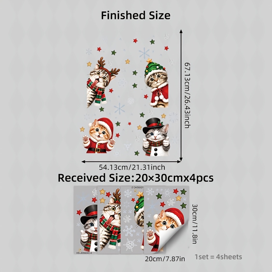 TEMU 4pcs/set Cute Christmas Cat With Santa Hat Static Cling Window Sticker, Double-sided Reusable Glass Sticker, Snowflake Star Ornaments For Home