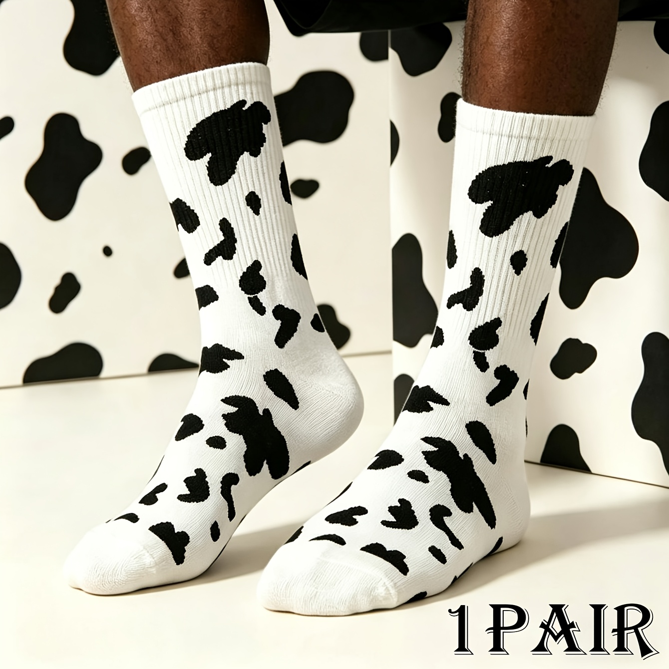TEMU Chaussettes à imprimé vache, 1/3 paire, style , simple et décontracté, streetwear tendance et cool, unisexe, style polyvalent, cadeau de couple,