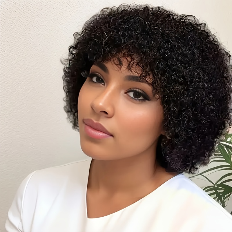 TEMU 180% Density 6-inch Short Curly Cut Wig With Bangs - No Lace Front Hair Wigs For, Sporty Style , Natural Look & Christmas Gift, Short Hair Wigs,