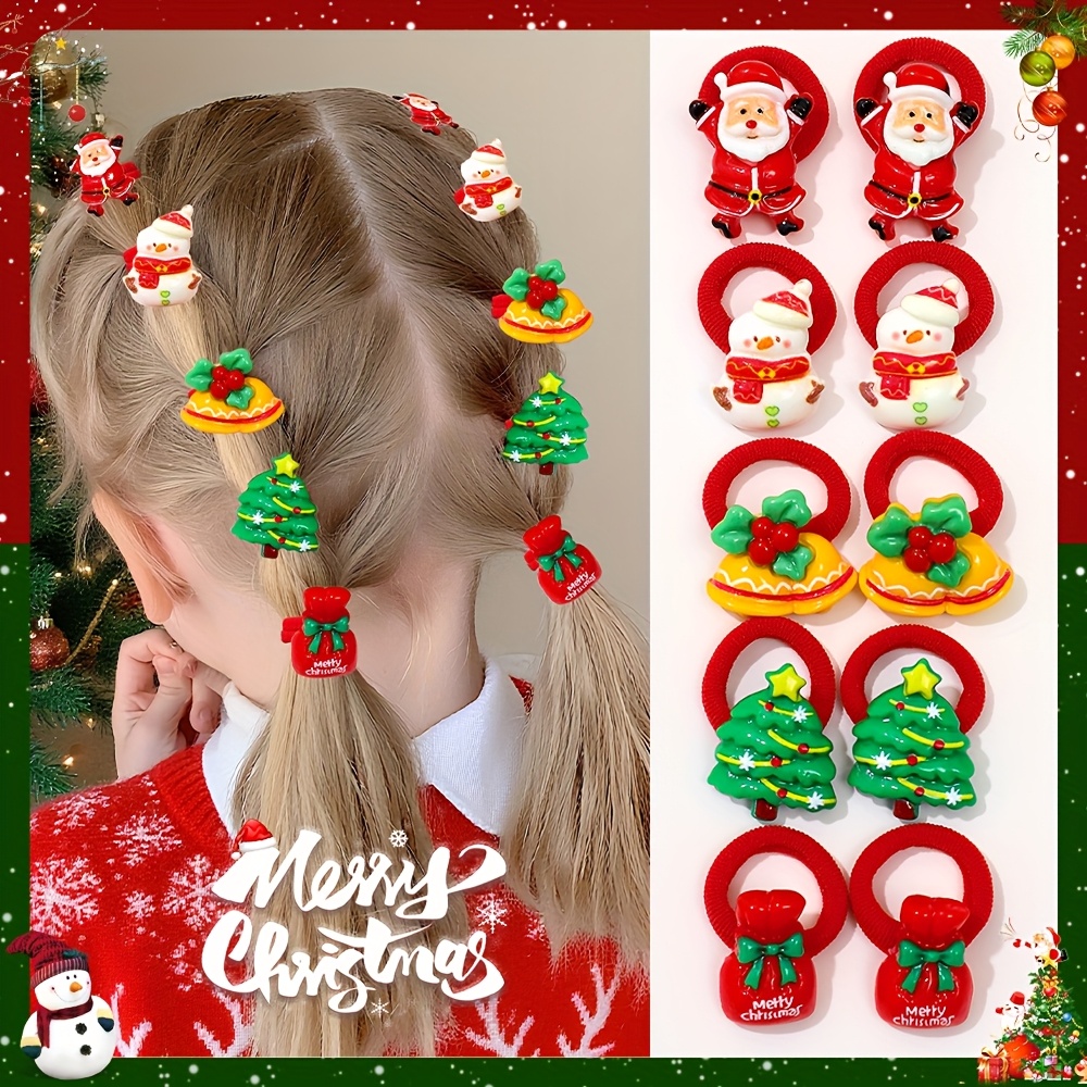 Image of 10pcs Set Of Cute Christmas Hair Ties For Girls - Santa Claus, Christmas Tree, And Snowman Gift Designs, Perfect For Girls' Christmas And New Year Gifts