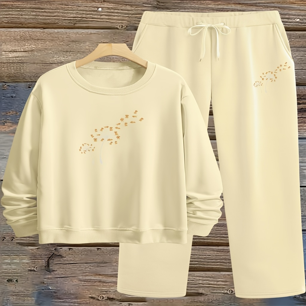 

Women'-piece Dandelion Print Sweatshirt Set, Warm And Fleece-lined In , Featuring A Long-sleeve Round-neck Sweatshirt And Drawstring High-waisted Joggers With , Women's Clothing.