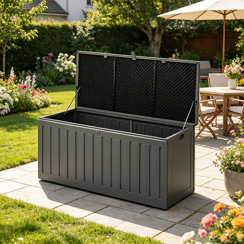 TEMU 1pc Outdoor Storage Box Bench Cabinet Garden Container Deck Tool Lockable 146.5cm X 60cm X 61cm, Box, Cabinet, Rack For Outdoor Storage