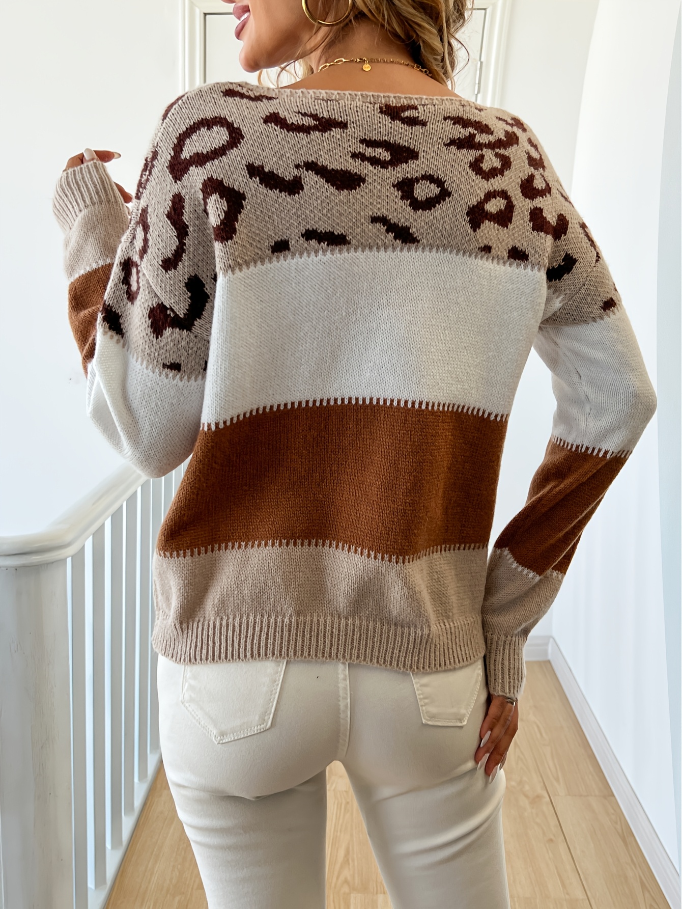 1pc vrouwen casual pullover gebreide trui, luipaard print   blok, ronde hals, lange mouw,   pasvorm, stretch stof, herfst/winter collectie 2