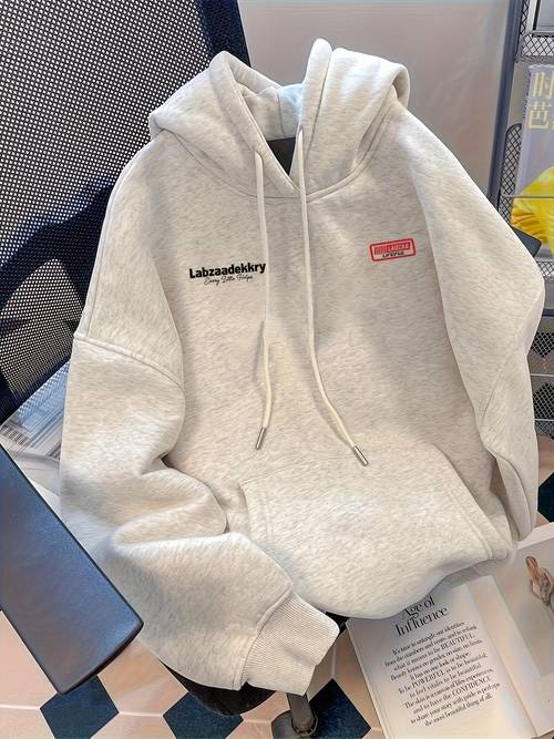 Artikelbild lässiges weiß-graues kapuzen-sweatshirt für herren, bedruckt, trendiger lockerer schnitt, vielseitig für studenten paare